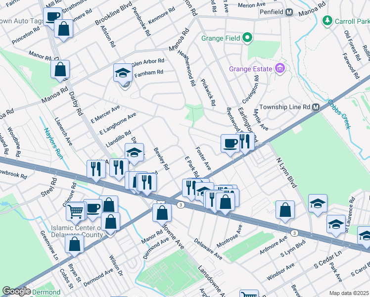 map of restaurants, bars, coffee shops, grocery stores, and more near 124 East Park Road in Havertown