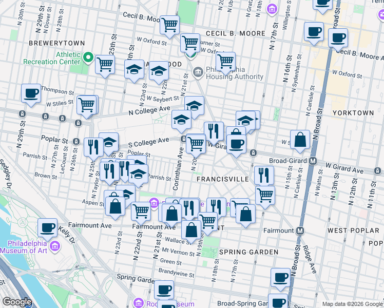 map of restaurants, bars, coffee shops, grocery stores, and more near 2004 Cambridge Street in Philadelphia