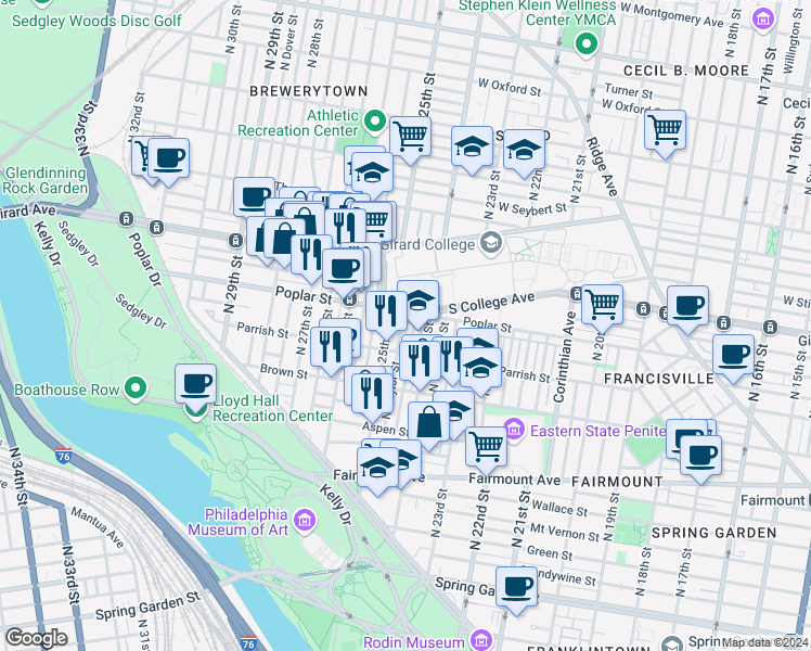 map of restaurants, bars, coffee shops, grocery stores, and more near 889 North Taylor Street in Philadelphia