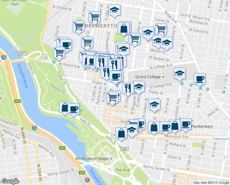 map of restaurants, bars, coffee shops, grocery stores, and more near 860 North 26th Street in Philadelphia