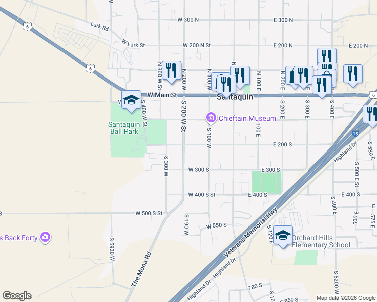 map of restaurants, bars, coffee shops, grocery stores, and more near 219 West 200 South in Santaquin