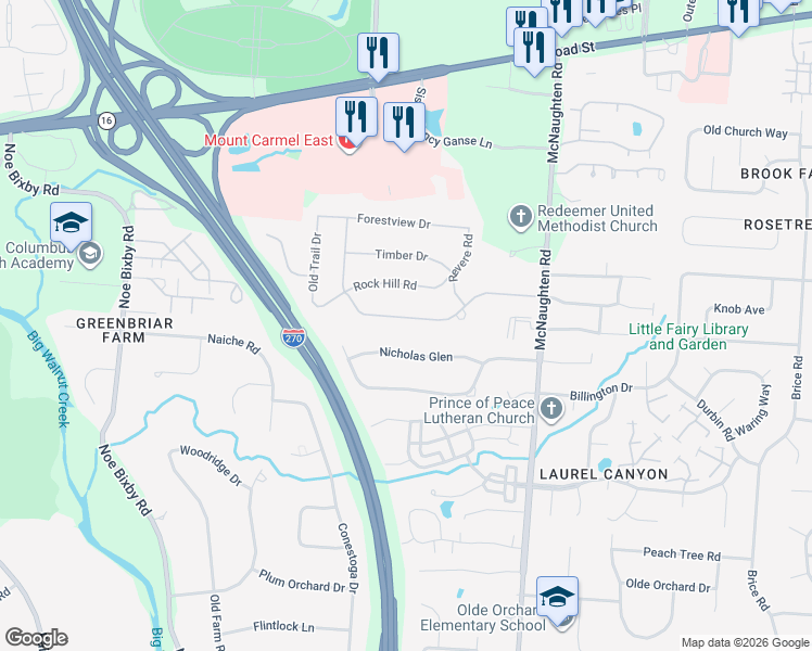 map of restaurants, bars, coffee shops, grocery stores, and more near 5927 Whitman Road in Columbus