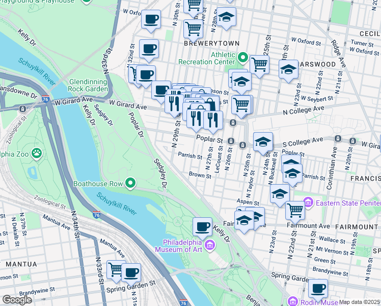 map of restaurants, bars, coffee shops, grocery stores, and more near 2803 Parrish Street in Philadelphia