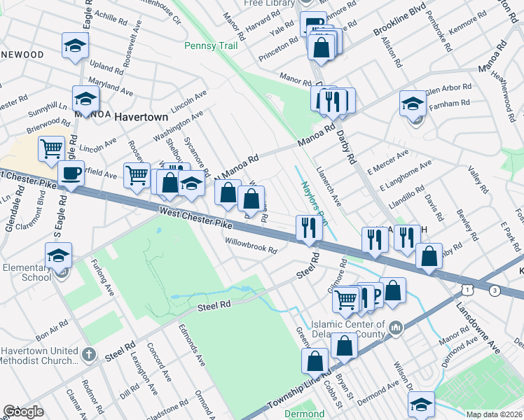 map of restaurants, bars, coffee shops, grocery stores, and more near 12 Woodbine Road in Havertown