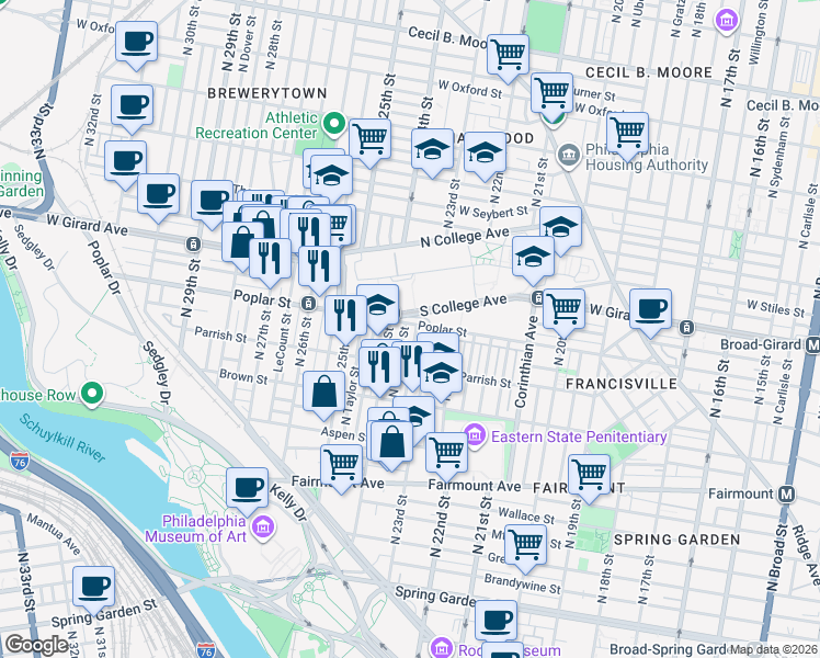map of restaurants, bars, coffee shops, grocery stores, and more near 2328 Poplar Street in Philadelphia