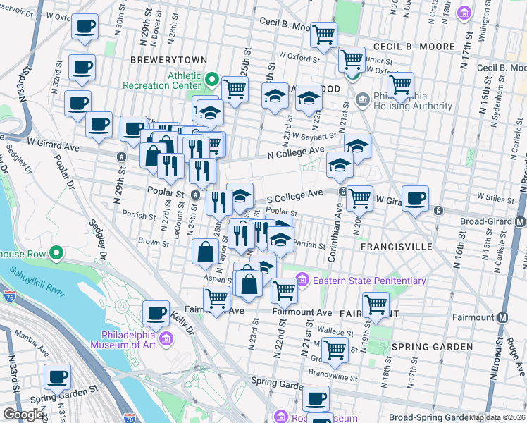 map of restaurants, bars, coffee shops, grocery stores, and more near 2328 Poplar Street in Philadelphia