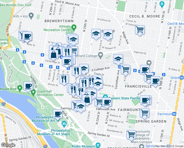 map of restaurants, bars, coffee shops, grocery stores, and more near 2316 Poplar Street in Philadelphia