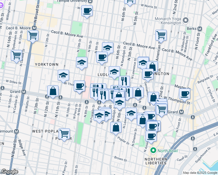 map of restaurants, bars, coffee shops, grocery stores, and more near 1309 North Marshall Street in Philadelphia