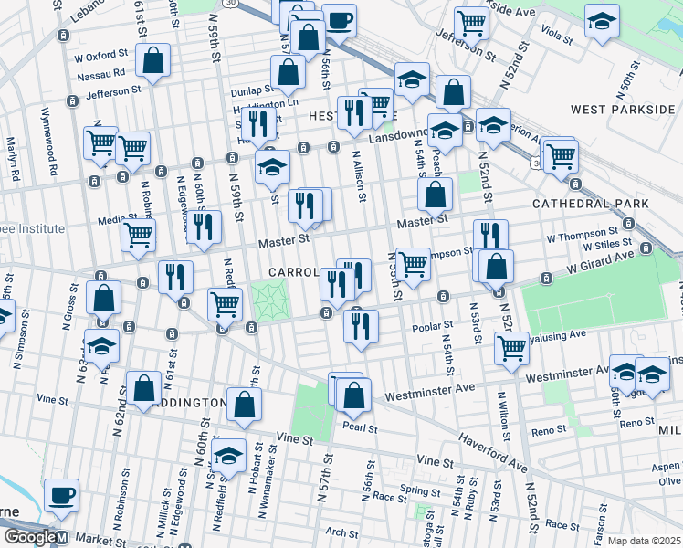 map of restaurants, bars, coffee shops, grocery stores, and more near 1259 North Frazier Street in Philadelphia
