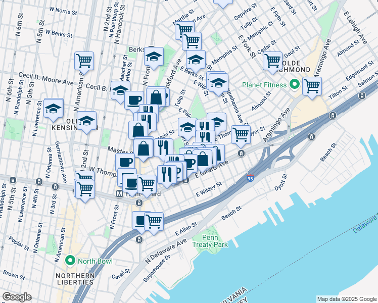 map of restaurants, bars, coffee shops, grocery stores, and more near 440 East Thompson Street in Philadelphia