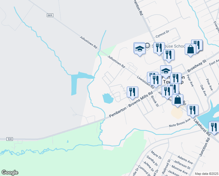 map of restaurants, bars, coffee shops, grocery stores, and more near 36 Finch Street in Pemberton Township