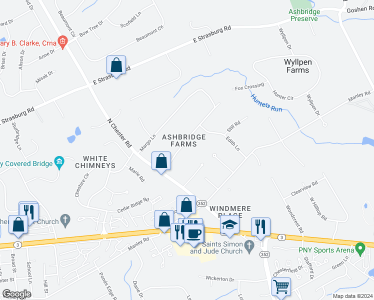 map of restaurants, bars, coffee shops, grocery stores, and more near 1610 Williams Way in West Chester
