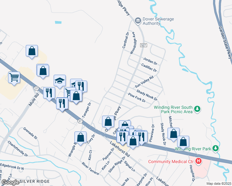 map of restaurants, bars, coffee shops, grocery stores, and more near 30 Winding River Drive in Toms River