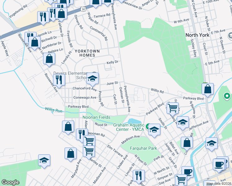 map of restaurants, bars, coffee shops, grocery stores, and more near 763 Carl Street in York