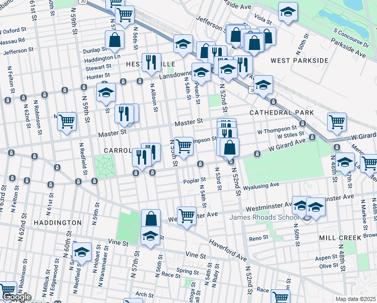 map of restaurants, bars, coffee shops, grocery stores, and more near 1235 North Conestoga Street in Philadelphia