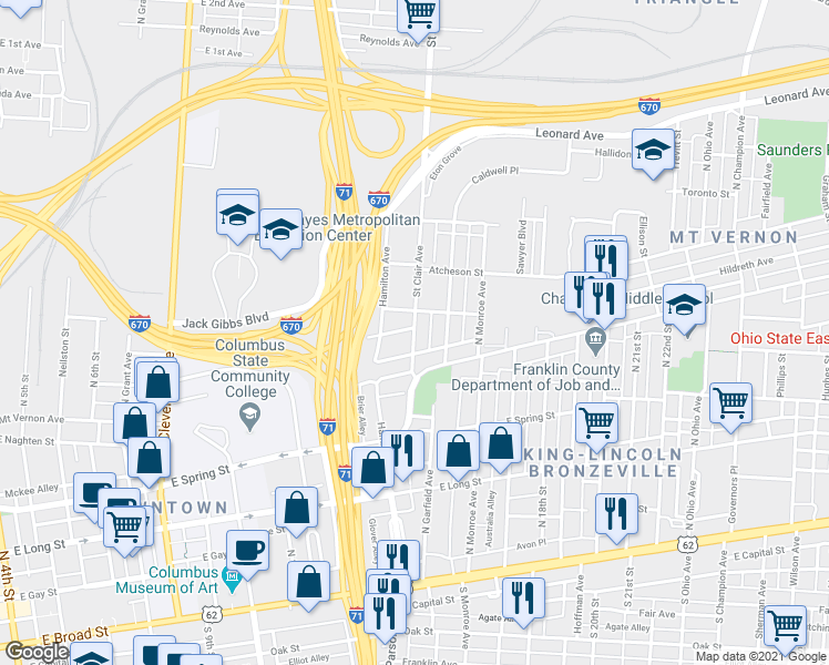 map of restaurants, bars, coffee shops, grocery stores, and more near 356 St Clair Ave in Columbus