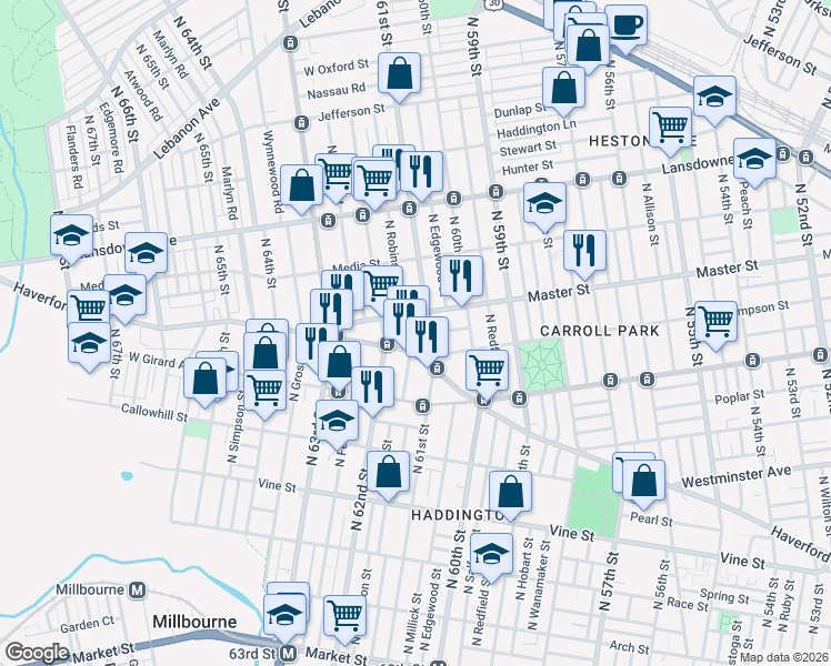 map of restaurants, bars, coffee shops, grocery stores, and more near 1331 North Robinson Street in Philadelphia