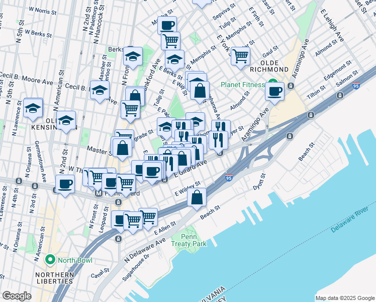 map of restaurants, bars, coffee shops, grocery stores, and more near 512 East Cabot Street in Philadelphia