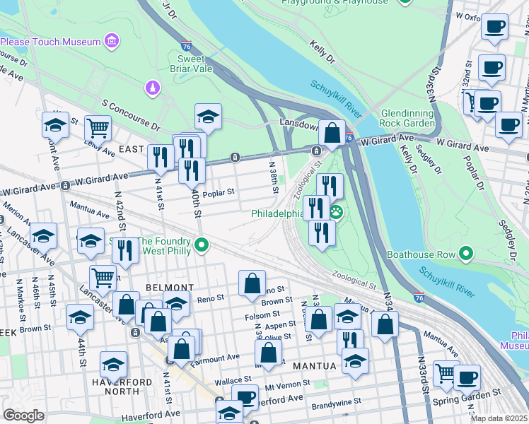 map of restaurants, bars, coffee shops, grocery stores, and more near 3816 Pennsgrove St in Philadelphia