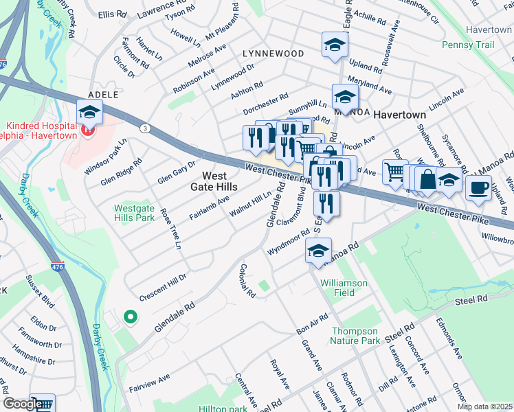 map of restaurants, bars, coffee shops, grocery stores, and more near 109 Walnut Hill Lane in Havertown