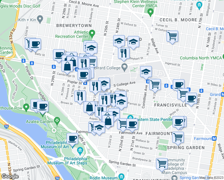 map of restaurants, bars, coffee shops, grocery stores, and more near 2326 Poplar Street in Philadelphia