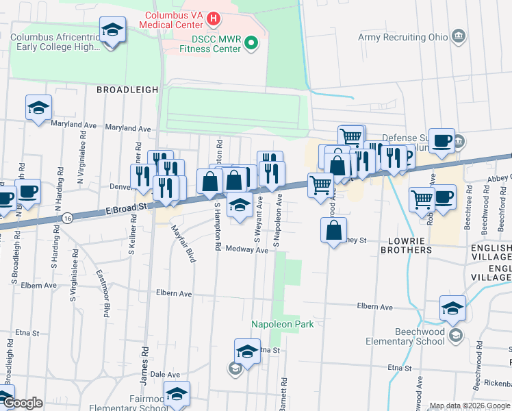 map of restaurants, bars, coffee shops, grocery stores, and more near 25 South Weyant Avenue in Columbus