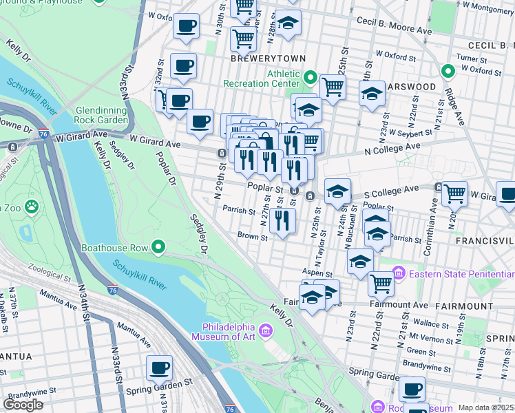 map of restaurants, bars, coffee shops, grocery stores, and more near 863 Pennock Street in Philadelphia