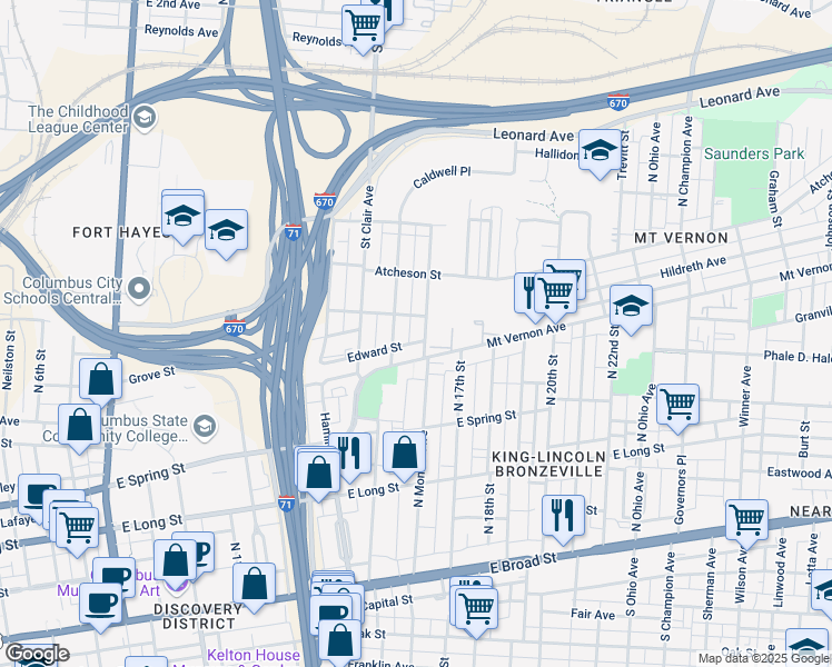 map of restaurants, bars, coffee shops, grocery stores, and more near 339 North Monroe Avenue in Columbus