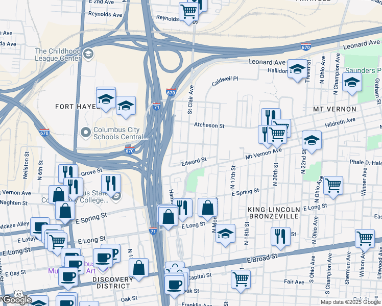map of restaurants, bars, coffee shops, grocery stores, and more near 354 Saint Clair Avenue in Columbus