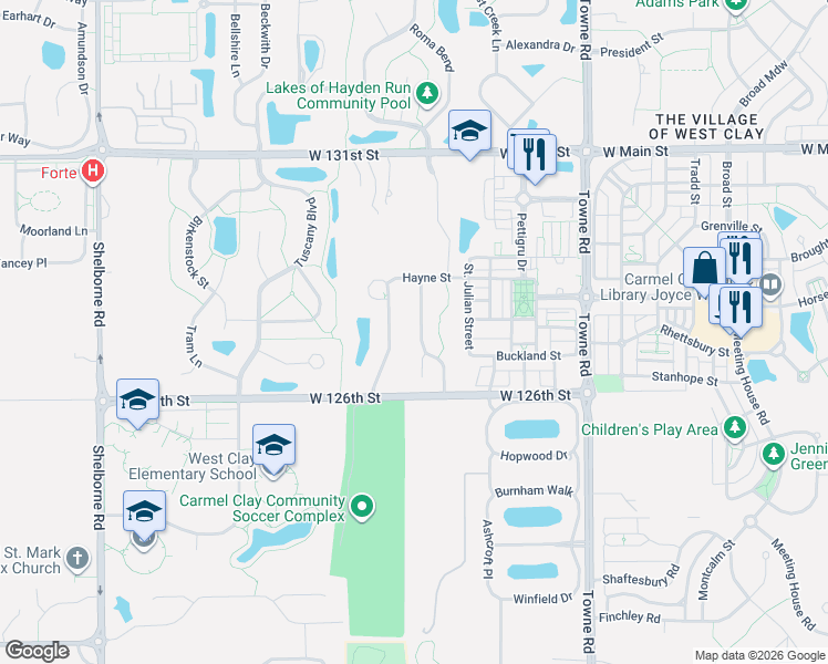 map of restaurants, bars, coffee shops, grocery stores, and more near 12688 Moonseed Drive in Carmel