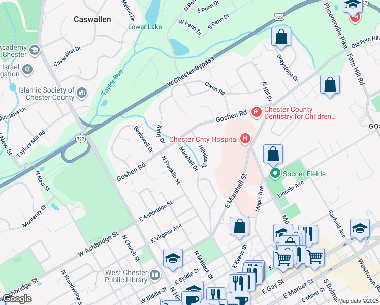 map of restaurants, bars, coffee shops, grocery stores, and more near 735 Marshall Dr in West Chester