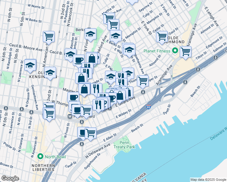 map of restaurants, bars, coffee shops, grocery stores, and more near 440 East Thompson Street in Philadelphia