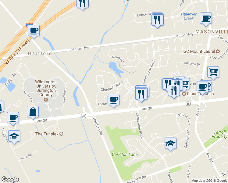 map of restaurants, bars, coffee shops, grocery stores, and more near 4904B Dunbarton Road in Mount Laurel Township