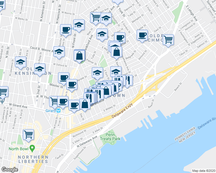 map of restaurants, bars, coffee shops, grocery stores, and more near 1245 East Palmer Street in Philadelphia