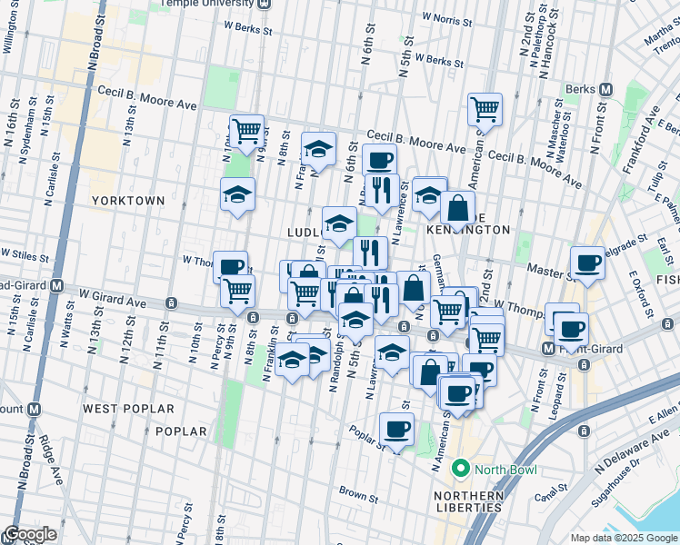 map of restaurants, bars, coffee shops, grocery stores, and more near 1314 North Randolph Street in Philadelphia