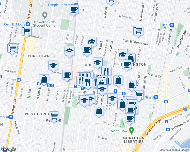 map of restaurants, bars, coffee shops, grocery stores, and more near 1311 North Marshall Street in Philadelphia