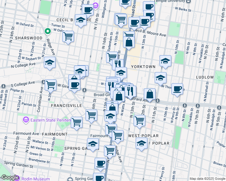 map of restaurants, bars, coffee shops, grocery stores, and more near 1403 West Flora Street in Philadelphia