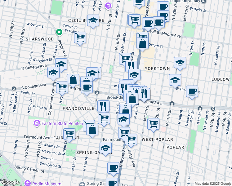 map of restaurants, bars, coffee shops, grocery stores, and more near 1521 West Girard Avenue in Philadelphia