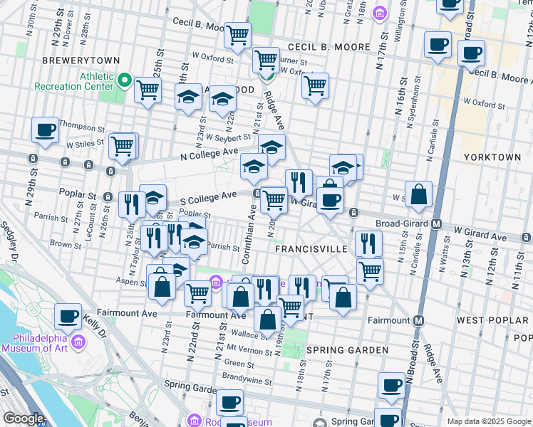 map of restaurants, bars, coffee shops, grocery stores, and more near 2006 Cambridge Street in Philadelphia