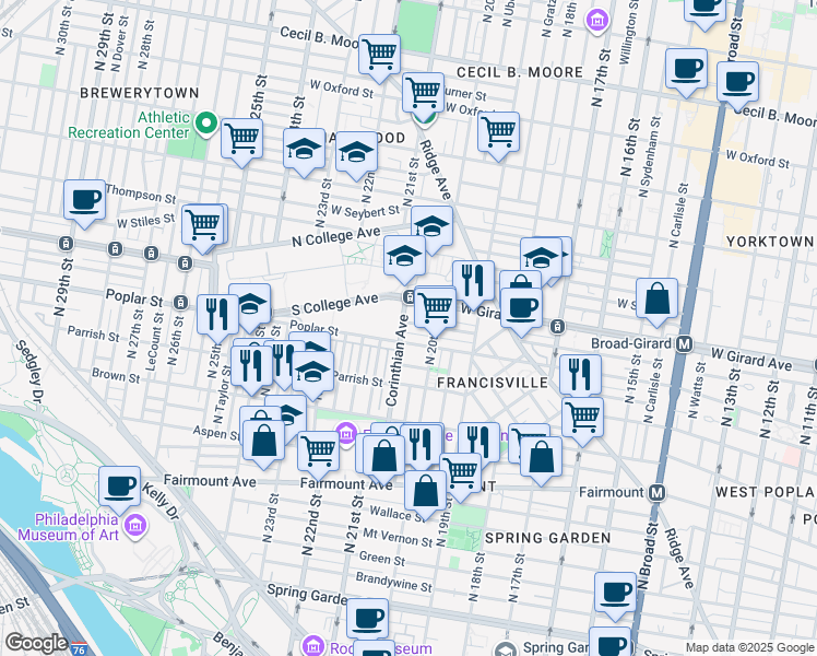 map of restaurants, bars, coffee shops, grocery stores, and more near 2006 Cambridge Street in Philadelphia