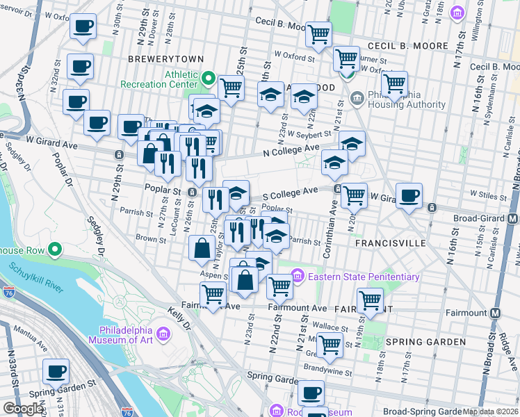 map of restaurants, bars, coffee shops, grocery stores, and more near 2328 Poplar Street in Philadelphia