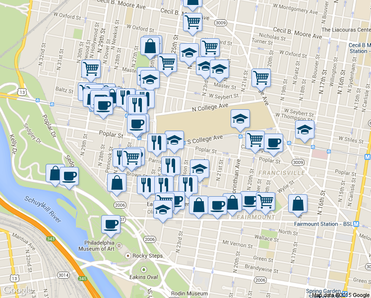 map of restaurants, bars, coffee shops, grocery stores, and more near 2328 Poplar Street in Philadelphia