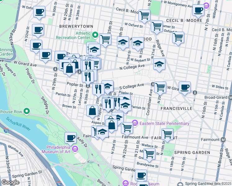 map of restaurants, bars, coffee shops, grocery stores, and more near 2328 Poplar Street in Philadelphia