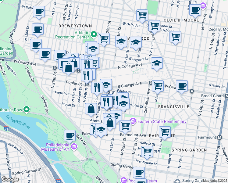 map of restaurants, bars, coffee shops, grocery stores, and more near 2326 Poplar Street in Philadelphia