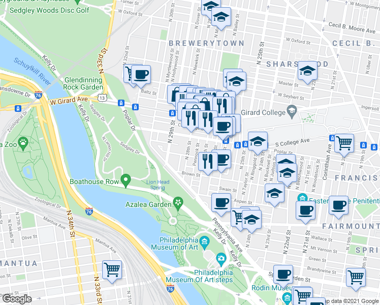 map of restaurants, bars, coffee shops, grocery stores, and more near 863 Pennock Street in Philadelphia