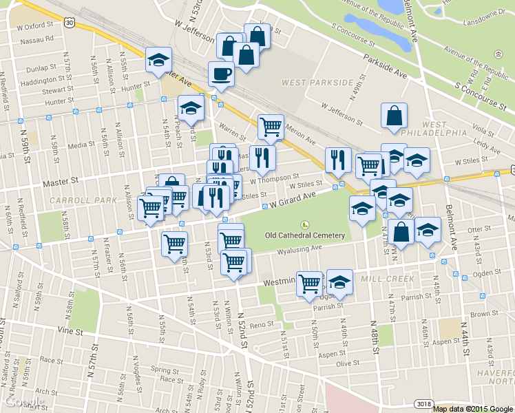 map of restaurants, bars, coffee shops, grocery stores, and more near in Philadelphia