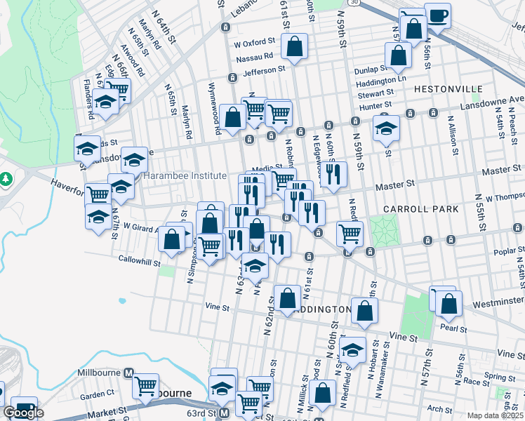 map of restaurants, bars, coffee shops, grocery stores, and more near 6249 Haverford Avenue in Philadelphia
