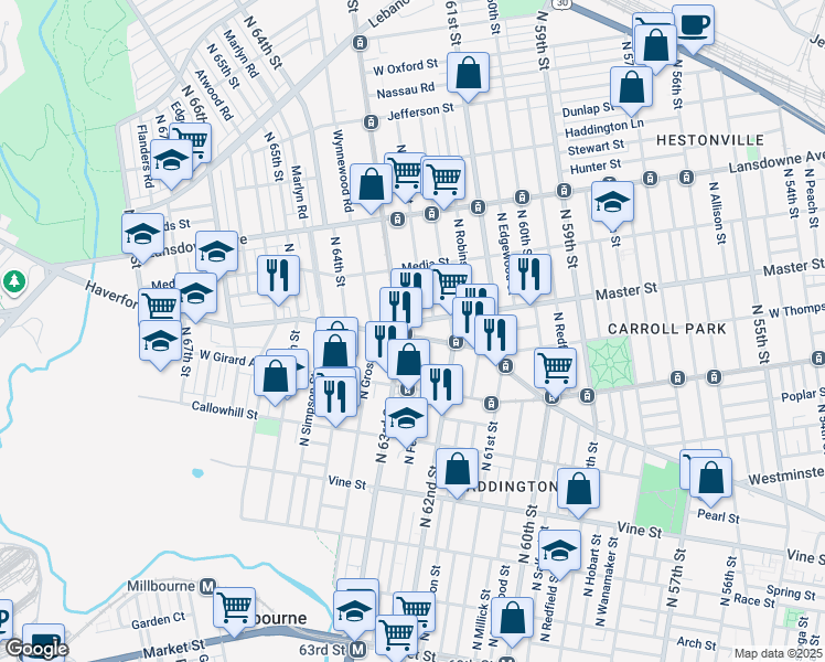 map of restaurants, bars, coffee shops, grocery stores, and more near 6249 Haverford Avenue in Philadelphia