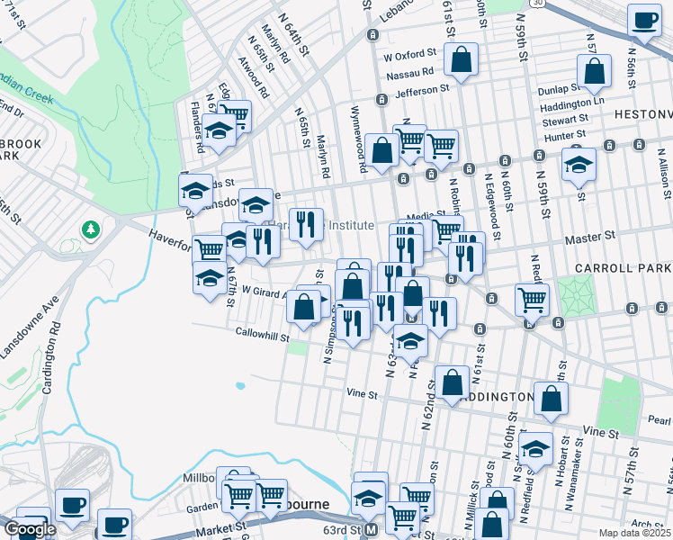 map of restaurants, bars, coffee shops, grocery stores, and more near 6416 Haverford Avenue in Philadelphia