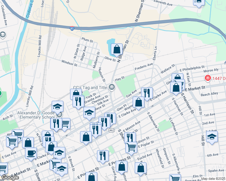 map of restaurants, bars, coffee shops, grocery stores, and more near 255 North Sherman Street in York